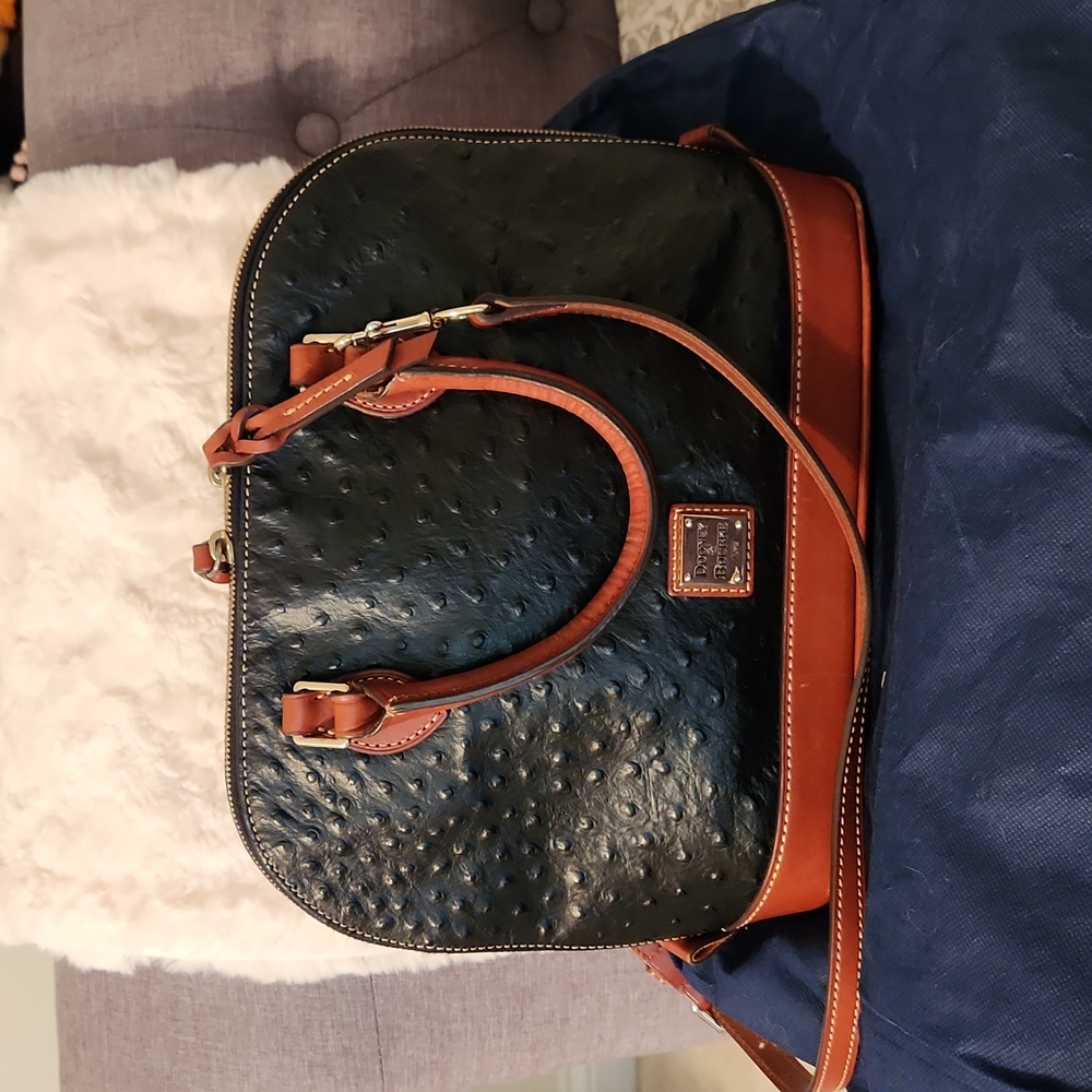 Dooney and Bourke Ostrich Zip Zip Satchel Embossed Leather Black and Tan